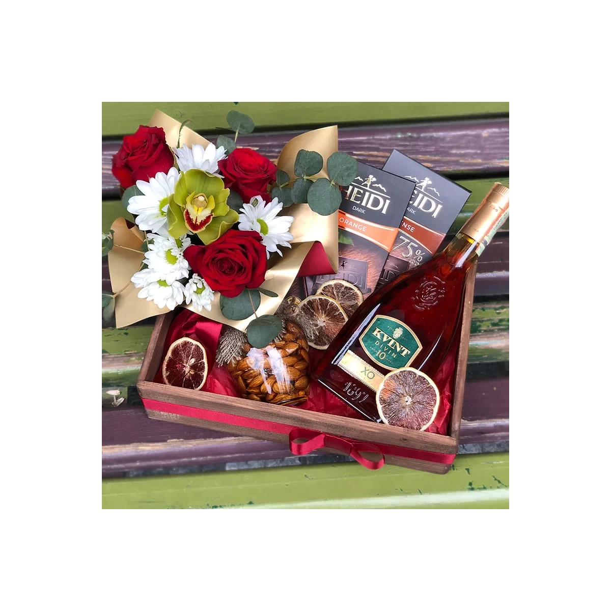 Gift set with cognac and chocolate photo