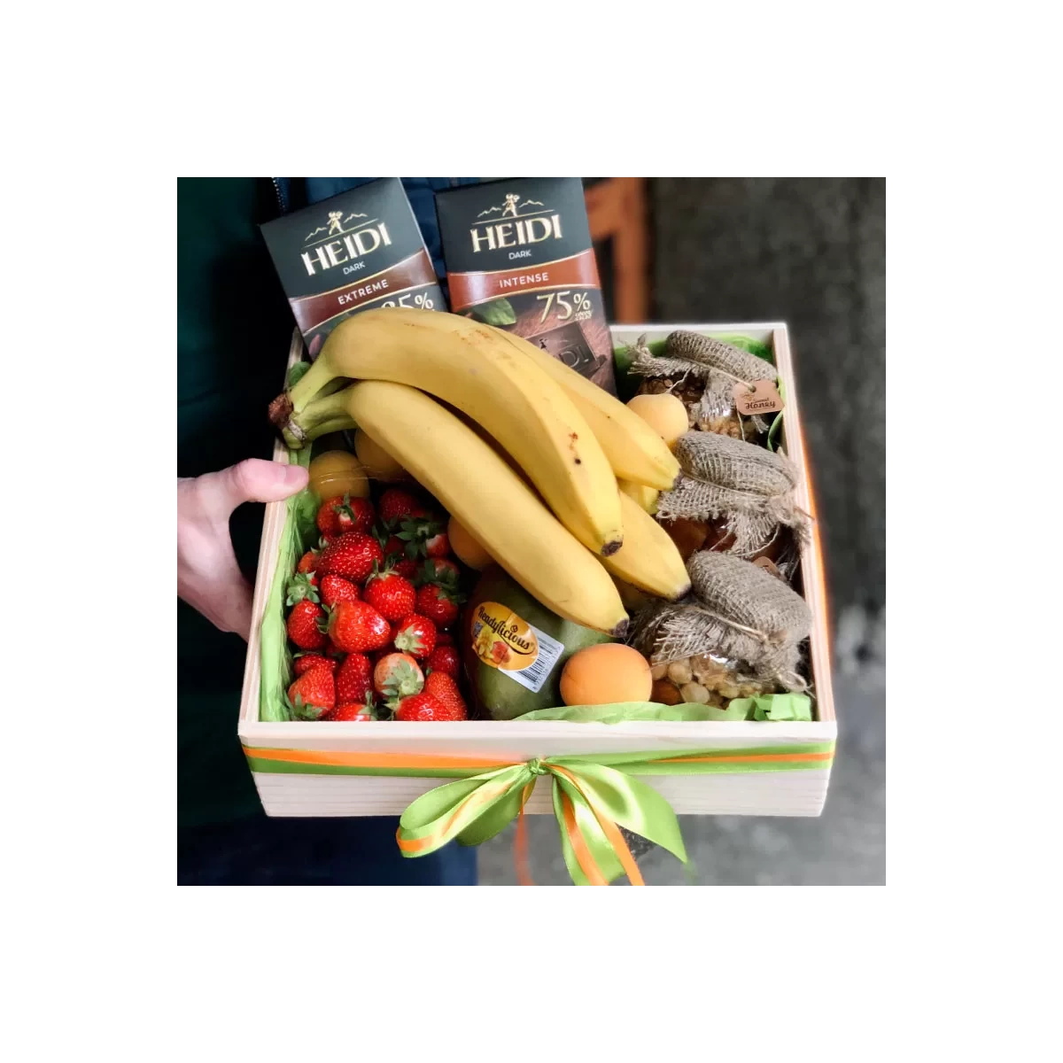 Gift box with fruits and chocolate photo