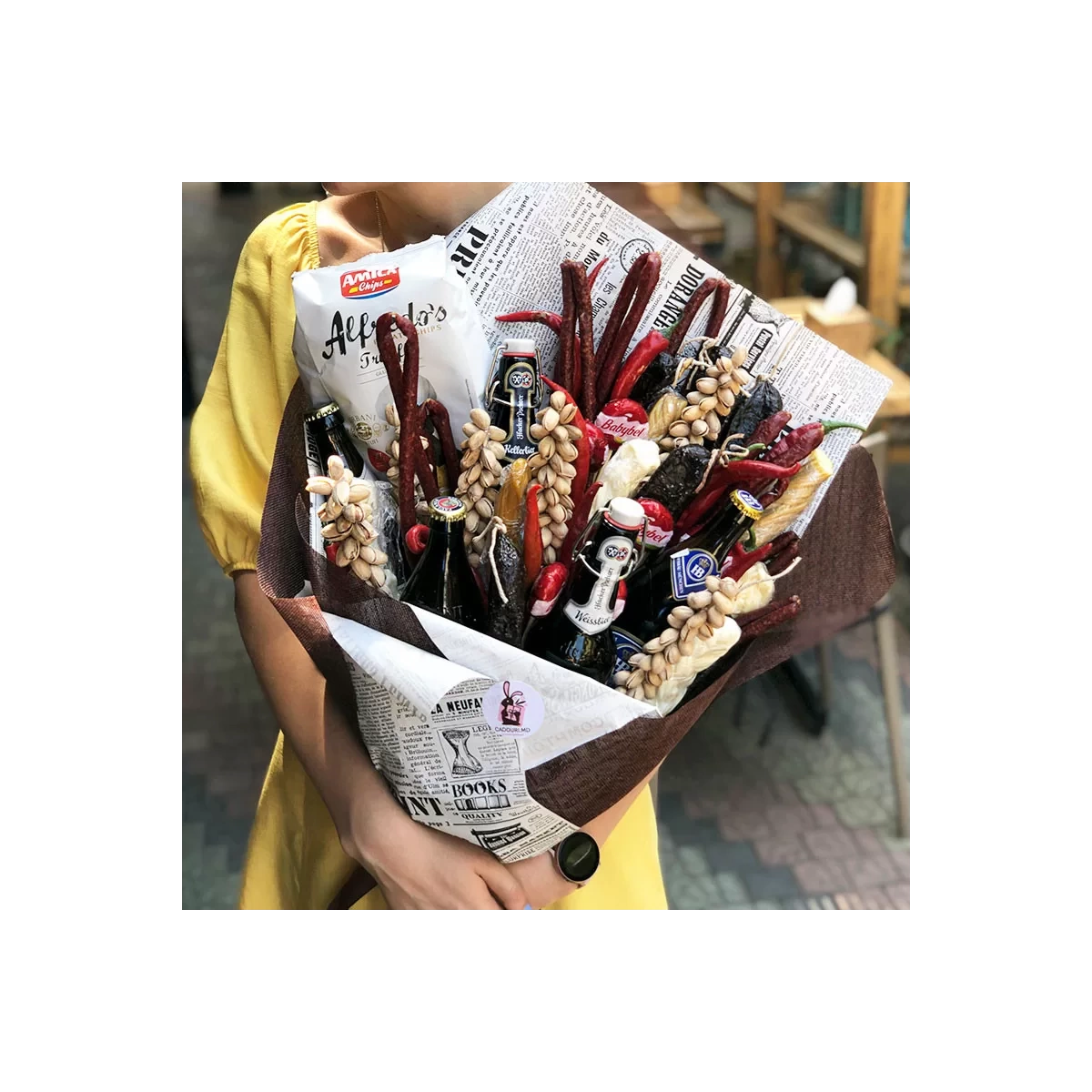 Men's bouquet with beer and sausage photo