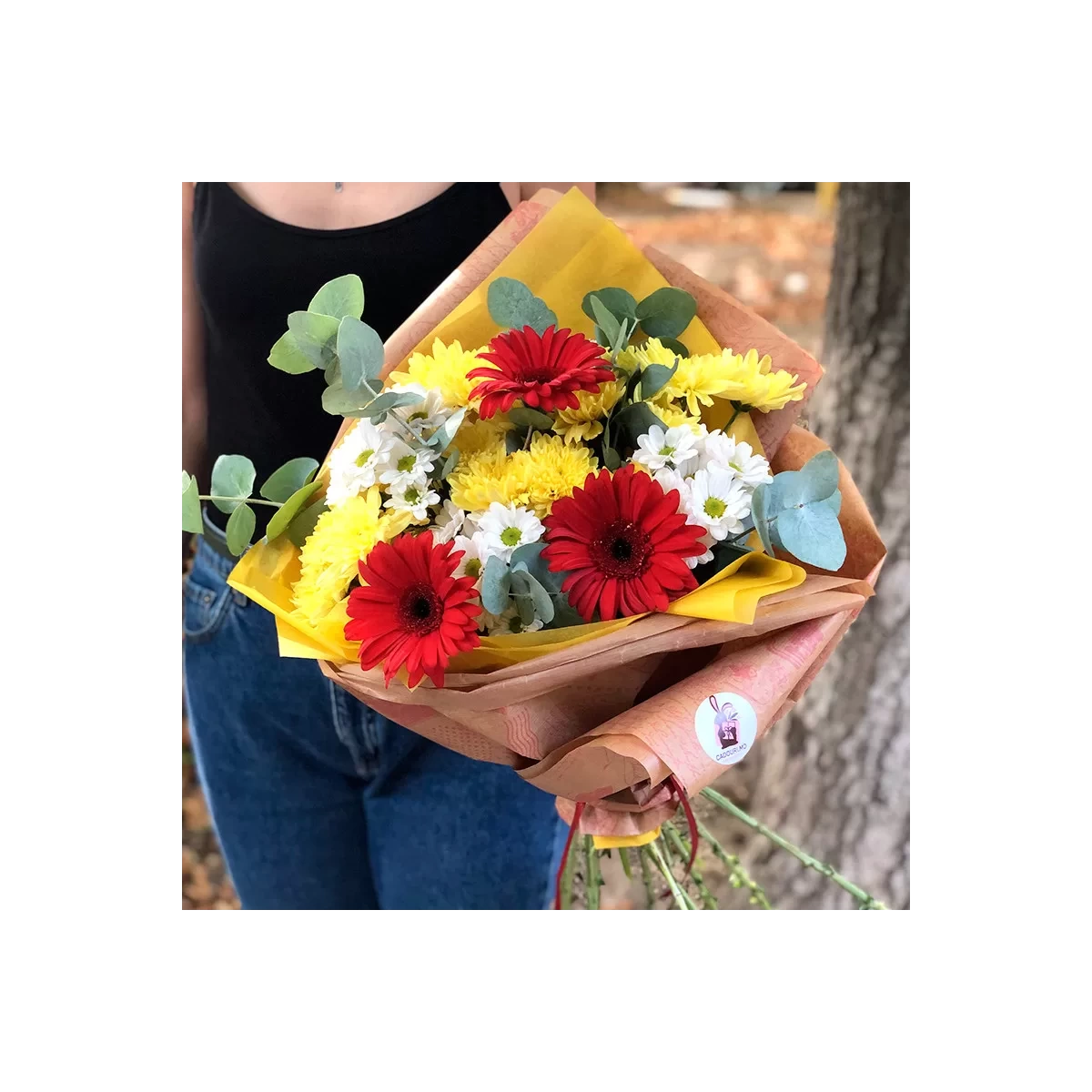 Bouquet of yellow chrysanthemums and gerberas photo