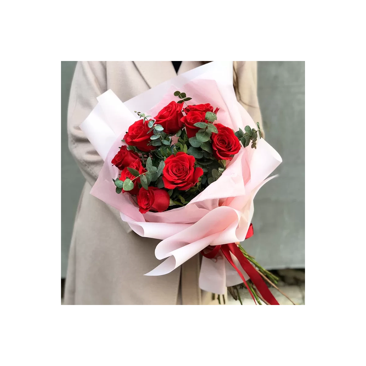 9 Red Roses in Pink Packaging