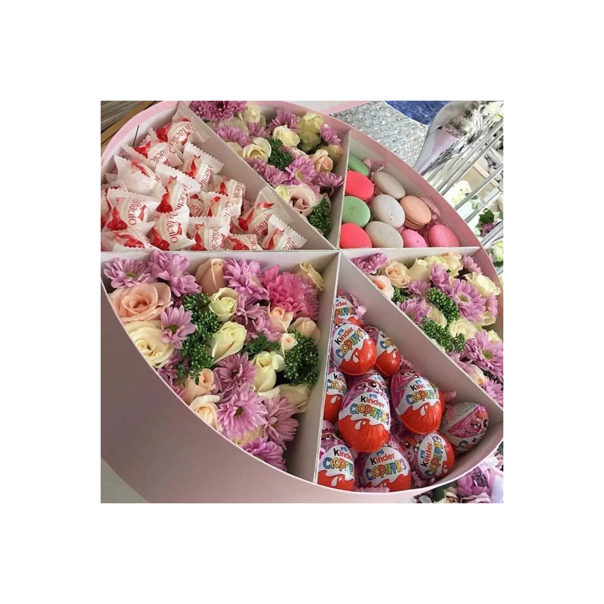 Large Box of Flowers & Macaroons & Raffaello & Kinder