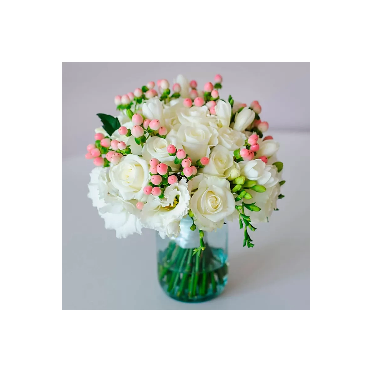 Bridal Bouquet with White Roses, Eustomas, Freesia and Hypericum