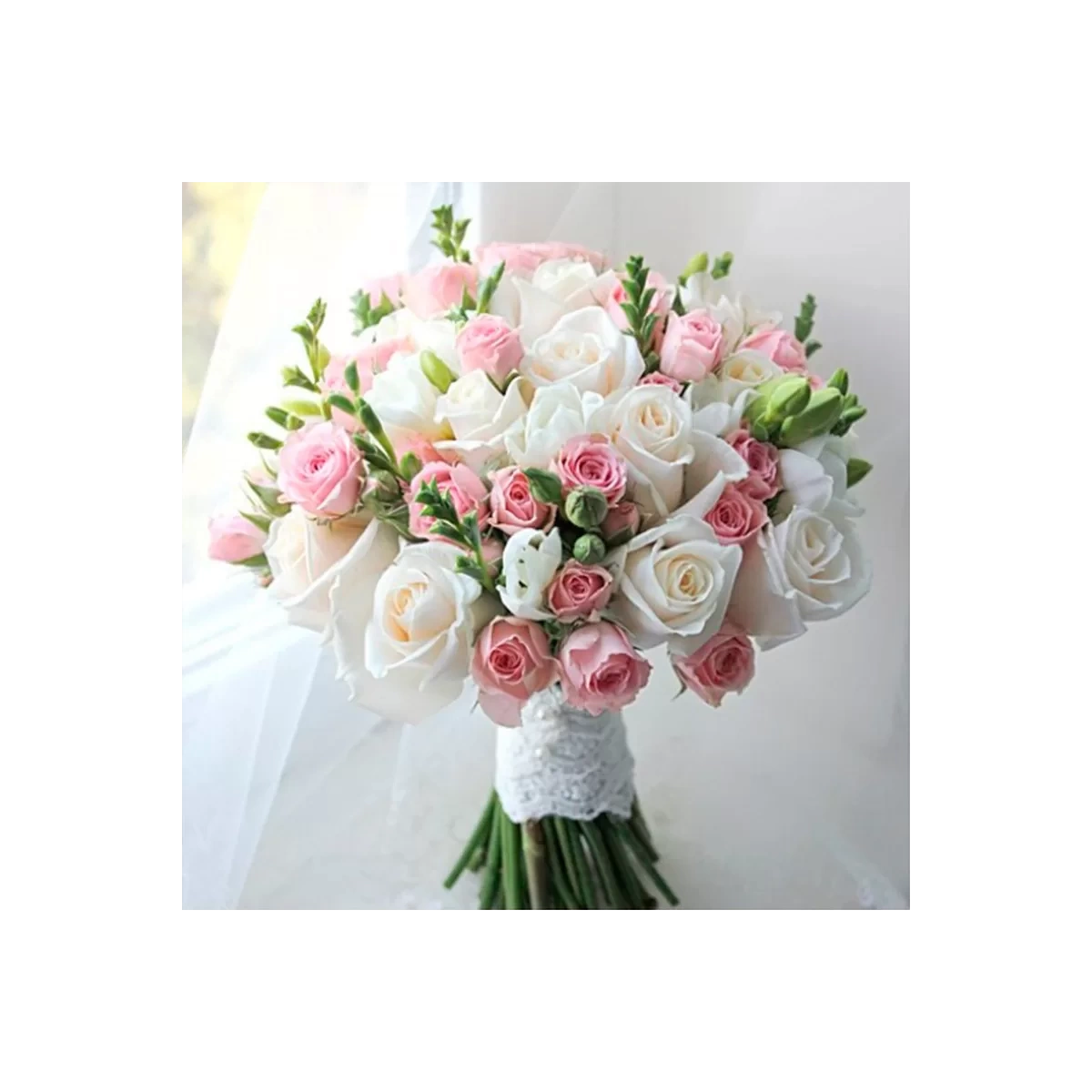 Bridal Bouquet of White Roses, Freesia and Spray Pink Rose