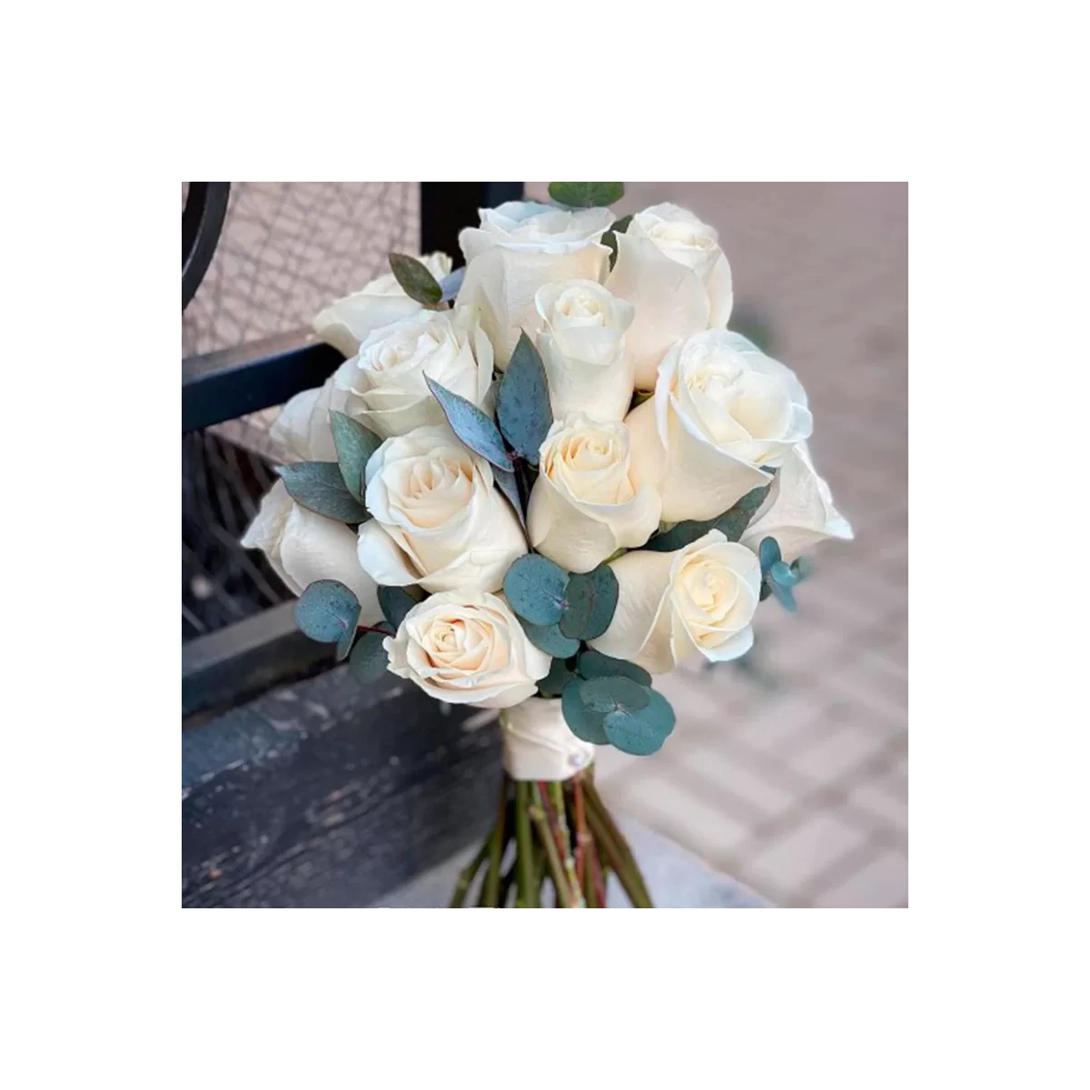 Bride's Bouquet of White Roses with Eucalyptus