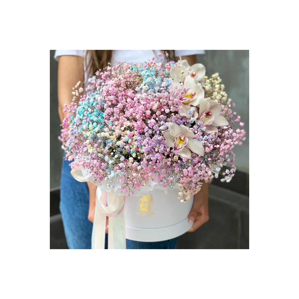 O cutie cu gypsophila multicoloră și orhidee foto