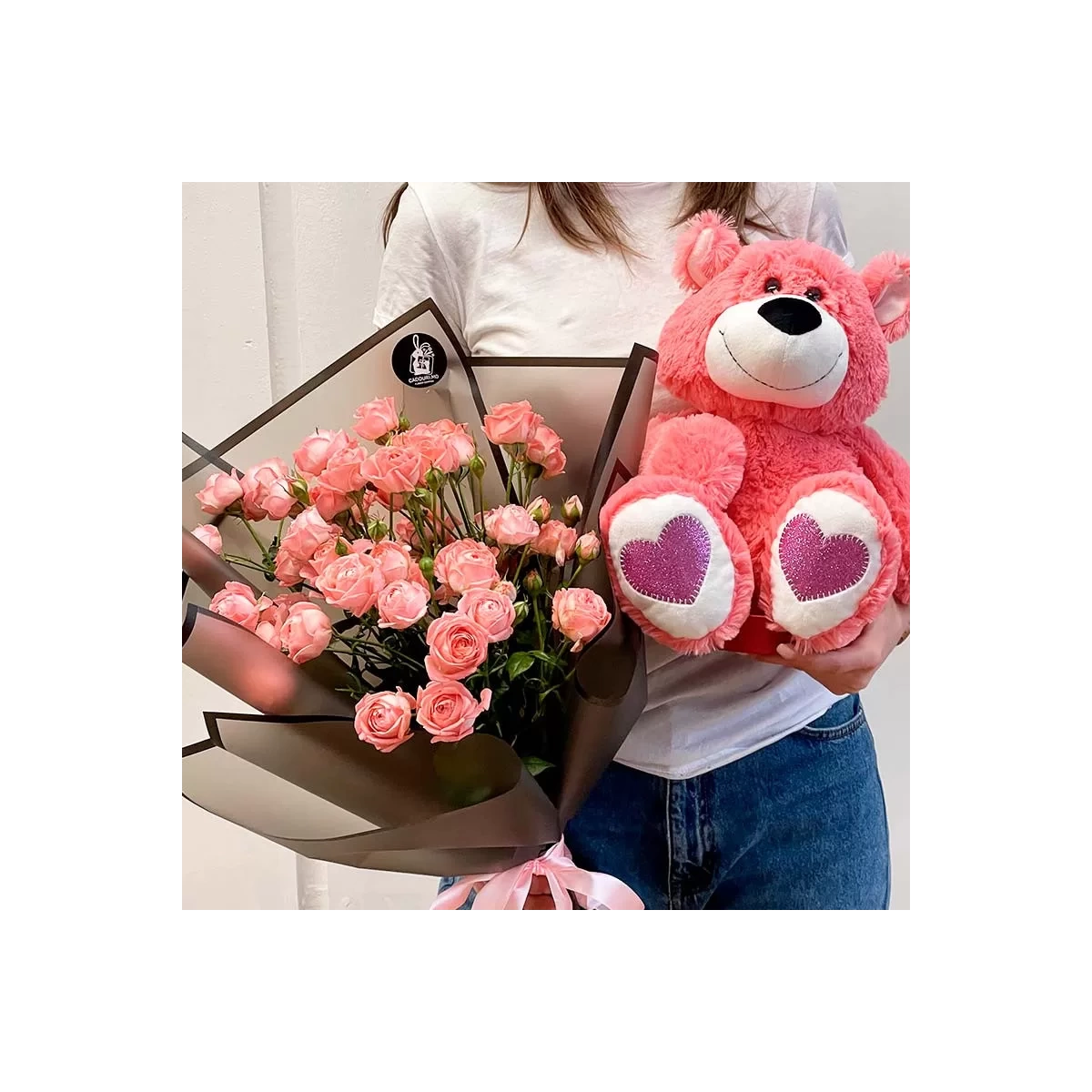 Set: Pink Roses & Pink Teddy Bear