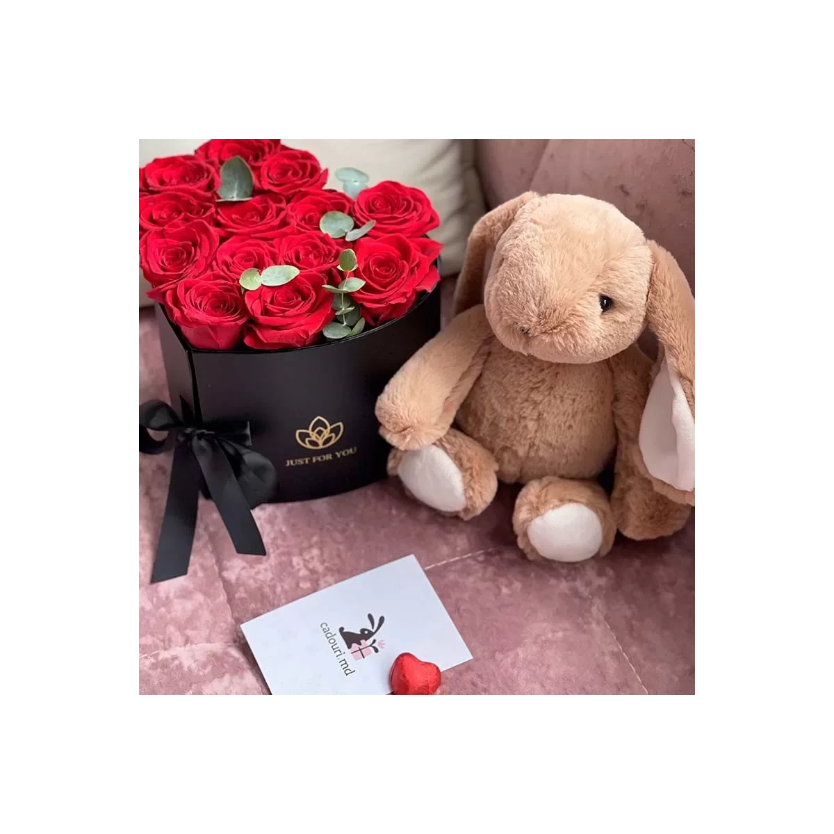 Gift Set: A Heart of Red Rosses & Plush Rabbit