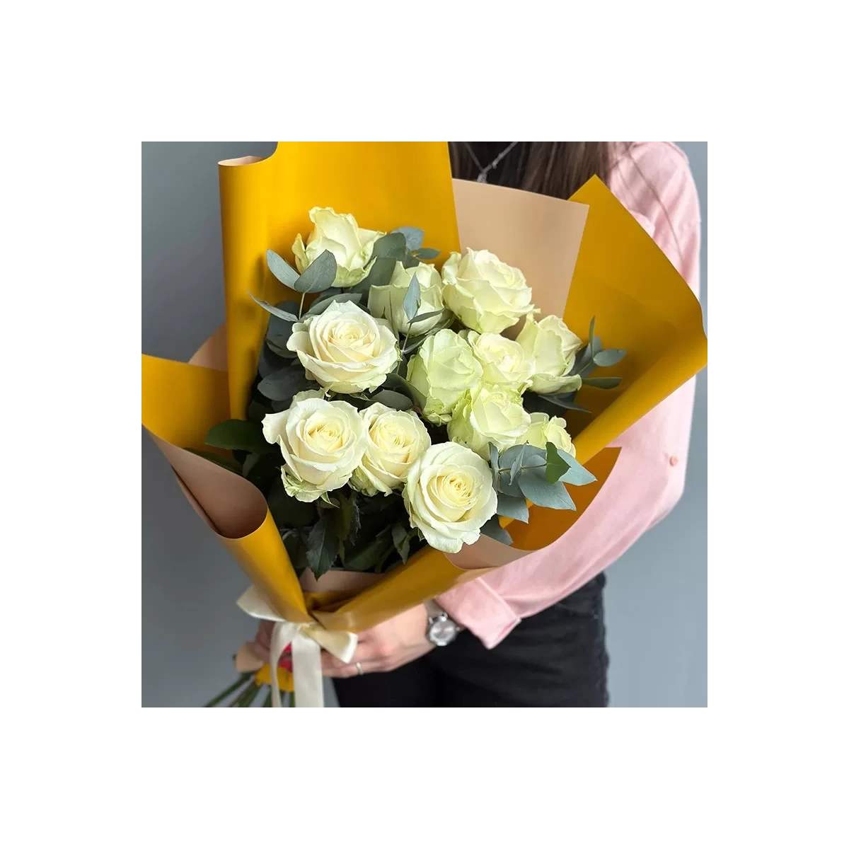 Buy white roses in colorful packaging with delivery Chisinau, Moldova