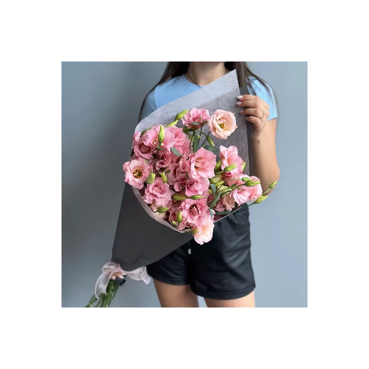 Bouquet of Pink Eustomes in Gray Packing