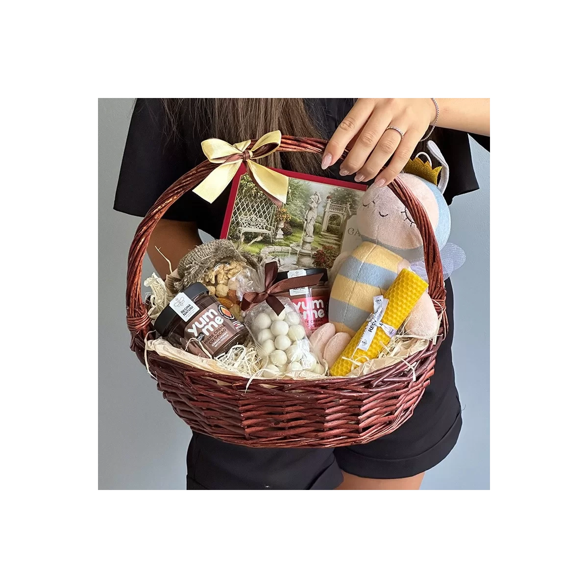 Gift basket with a plush bee photo