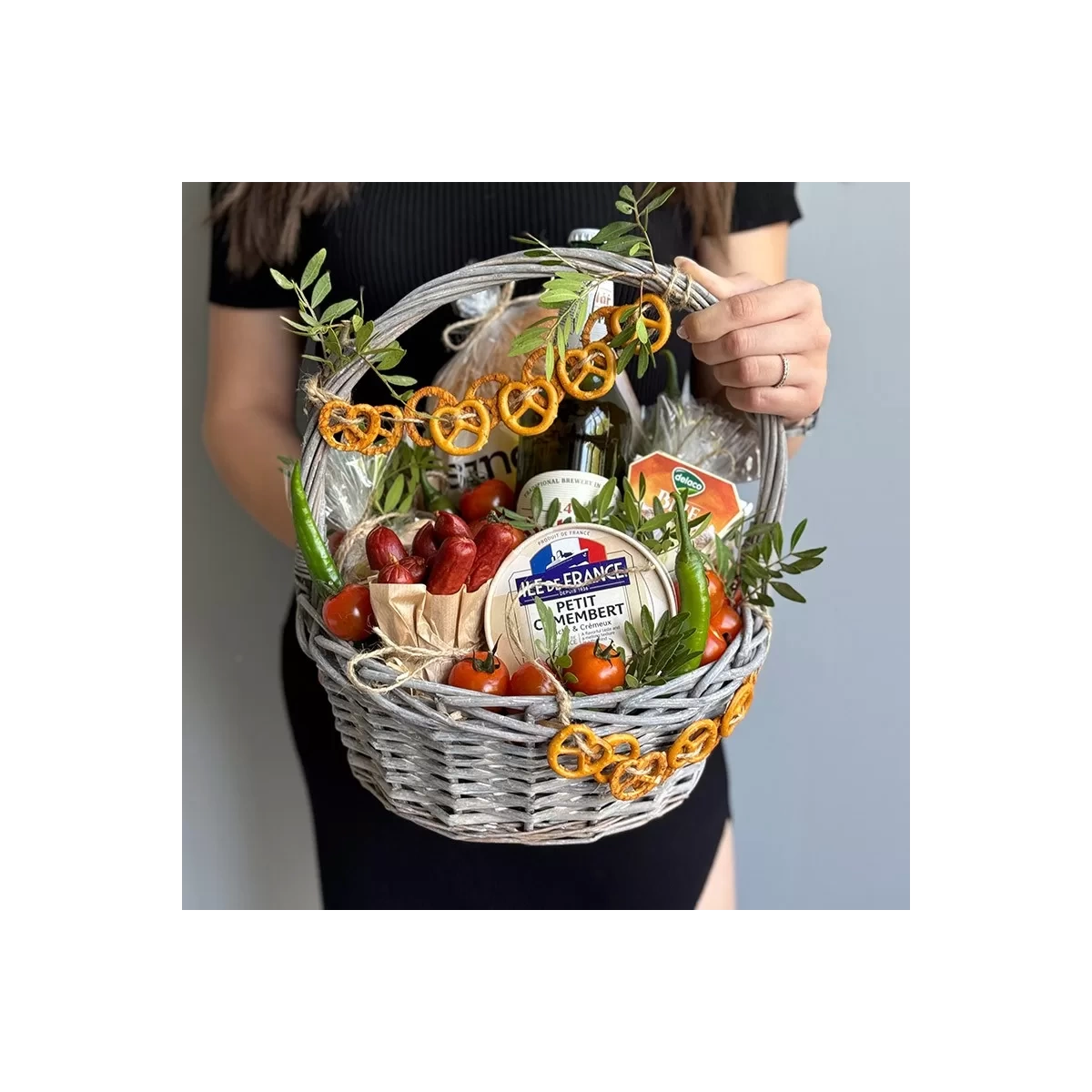 Basket with beer and snacks for men photo