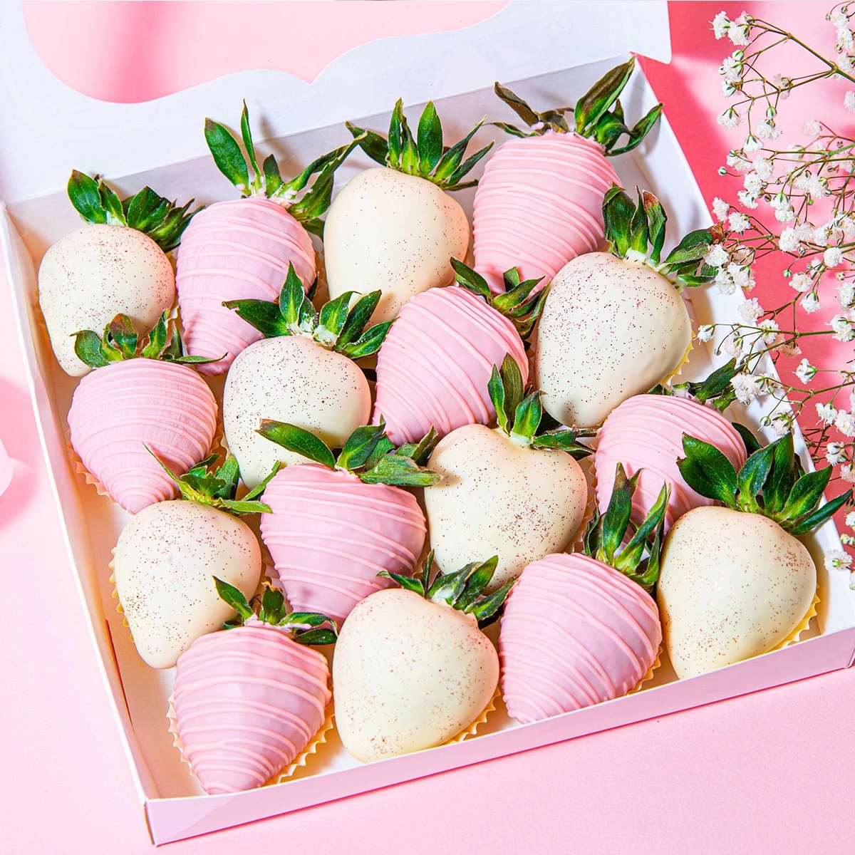 Strawberries in Pink  and White Chocolate