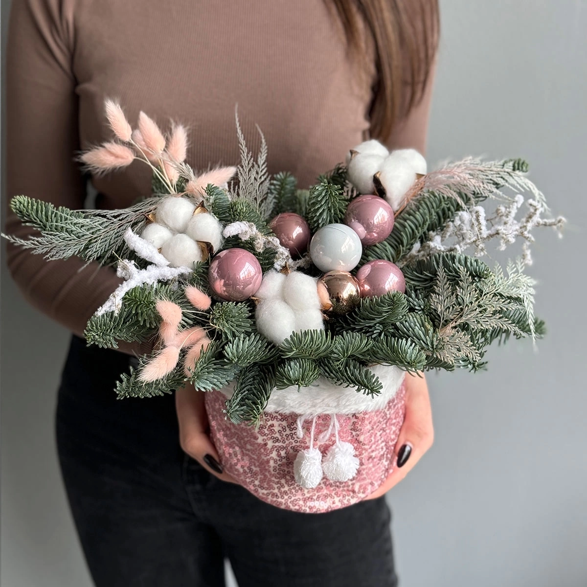 pink tabletop christmas tree arrangement photo